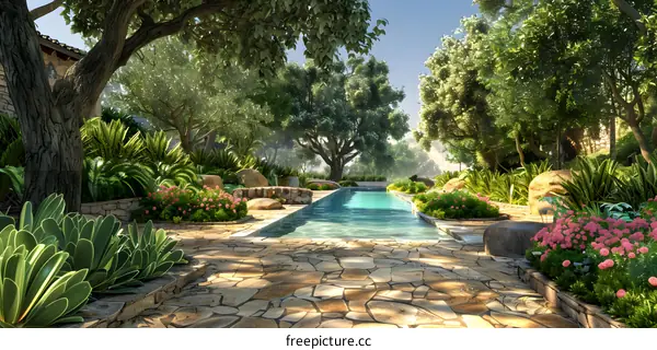 A swimming pool surrounded by green trees and flowers