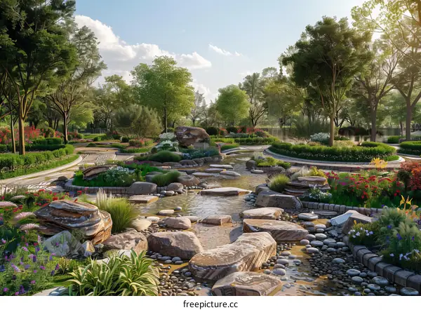A beautiful park with a river flowing through it and trees and flowers on either side