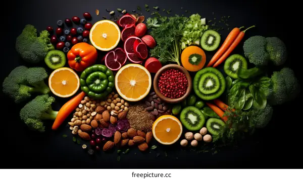 A variety of fruits and vegetables are arranged together on a black background.