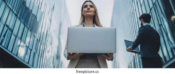 Businesswoman holding a laptop in front of modern office building