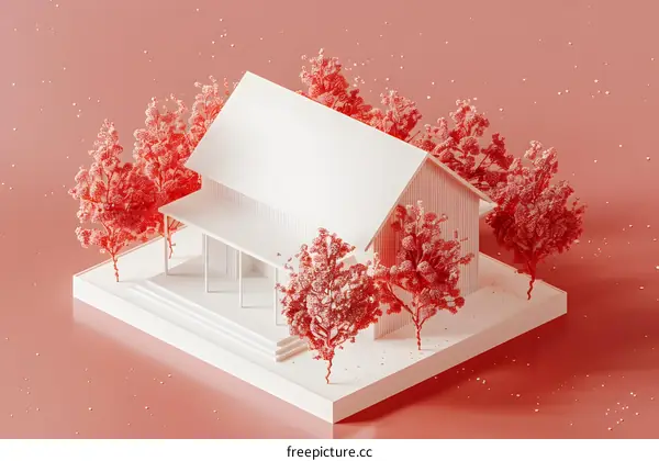 White House with Red Trees 3D Illustration