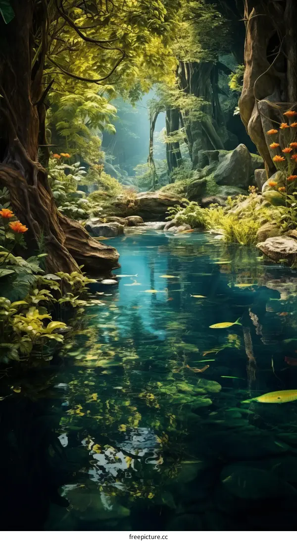 Magical River Glowing Through Enchanted Forest