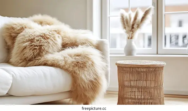 Beige Fur Throw on a Light Cream Sofa