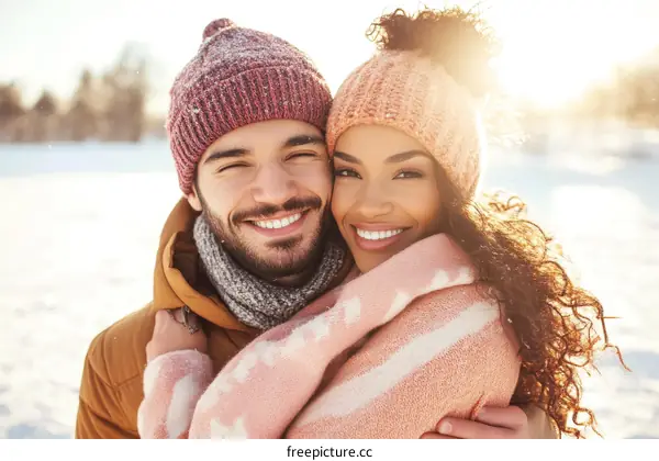Winter Love Embrace in Snow-Covered Landscape