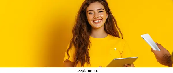 Smiling Woman Holding Tablet In Yellow Background
