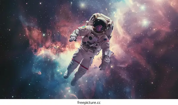 Astronaut in a spacesuit floating weightlessly in space with stars and nebulae in the background