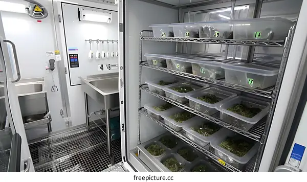 Inside View Of A Mobile Laboratory With Storage Shelves Filled With Samples