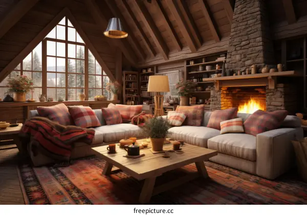 A cozy living room with a fireplace and a view of the snowy mountains
