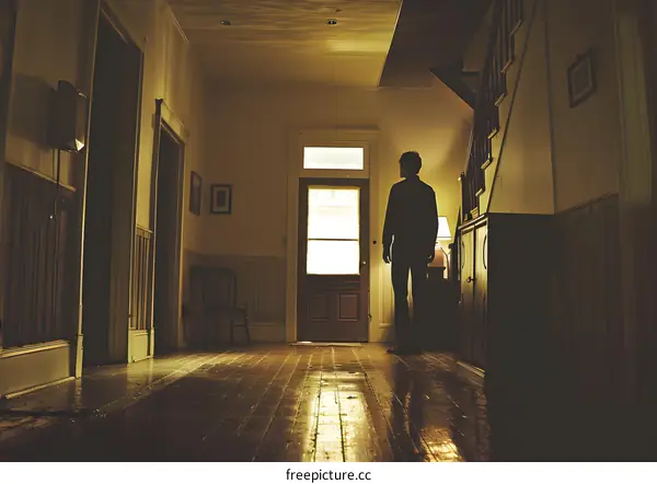 Man standing in a dark hallway looking at a bright light coming from outside