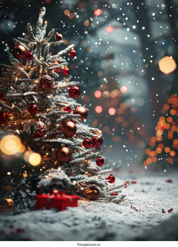 Christmas Tree with Red and Brown Ornaments Covered with Snow