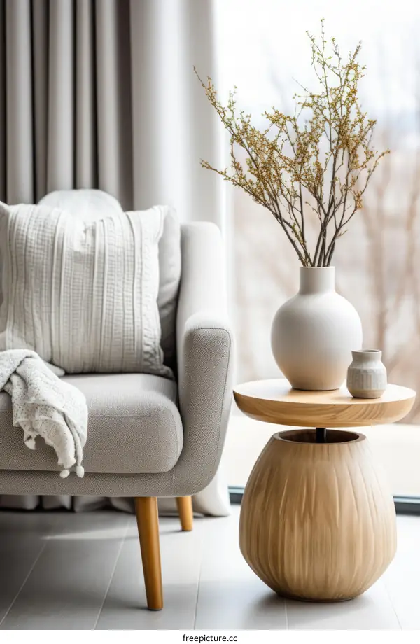 A Stylish Living Room With A Comfortable Chair And A Wooden Table