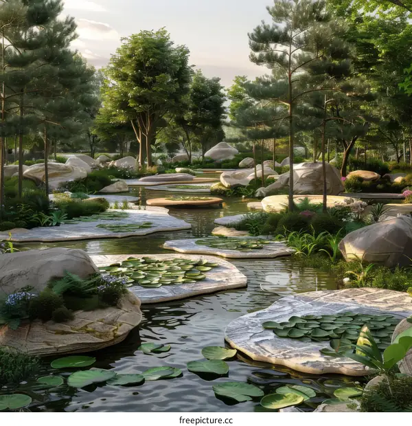 Tranquil Oriental Garden with Large Rocks and Lily Pads