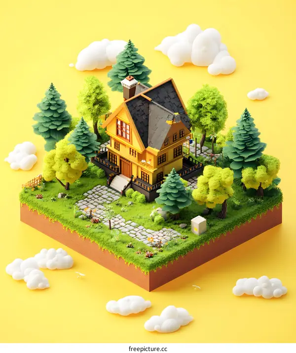 Yellow House with Green Trees and White Clouds on a Yellow Background