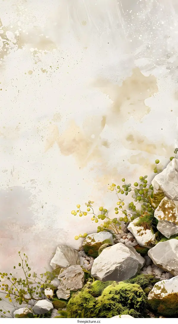 Abstract Watercolor Background With Stone And Plants