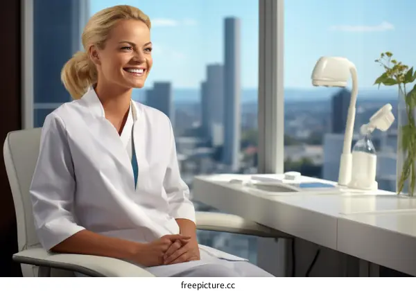 Portrait of a smiling female doctor in a white coat sitting in a modern office