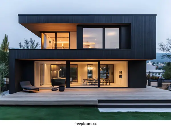 Modern Black House with Wooden Deck and Large Windows