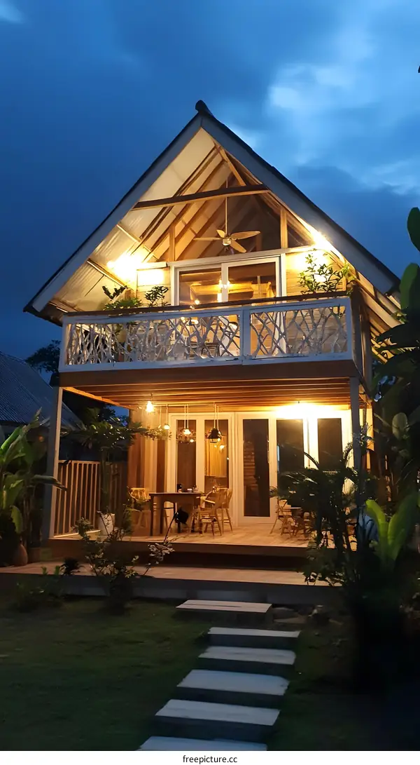 Modern Wooden House with a Deck and Staircase in the Garden