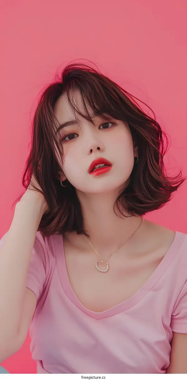 Portrait of a Young Woman with Short Brown Hair and Pink Shirt