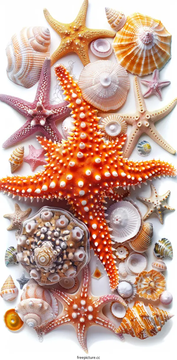 An arrangement of seashells and starfish on a white background