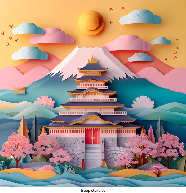 Paper Cut Art Illustration of Japanese Temple and Mount Fuji