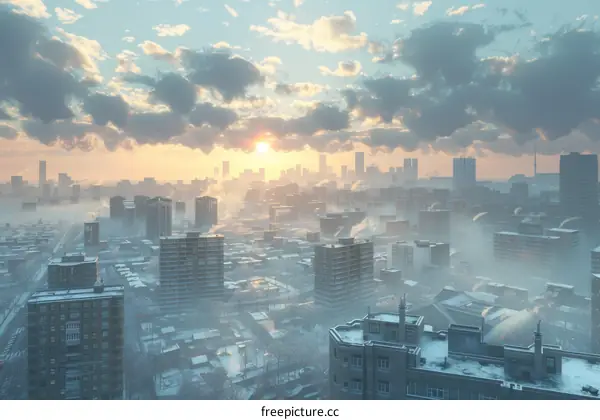Winter City Skyline at Sunrise Illustration