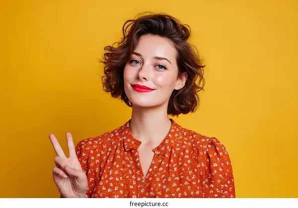 Woman with Short Curly Hair and Floral Dress