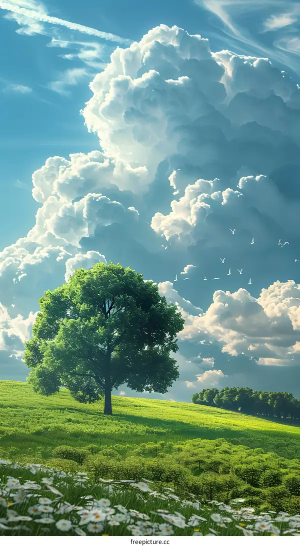 The verdant summer meadow is shaded by the sun