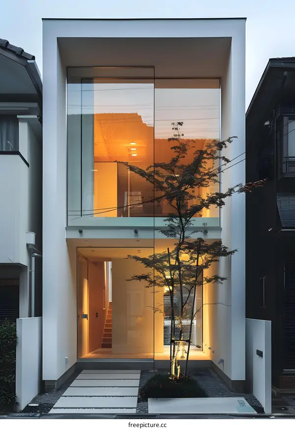Modern House with Glass Walls and a Small Tree in Front