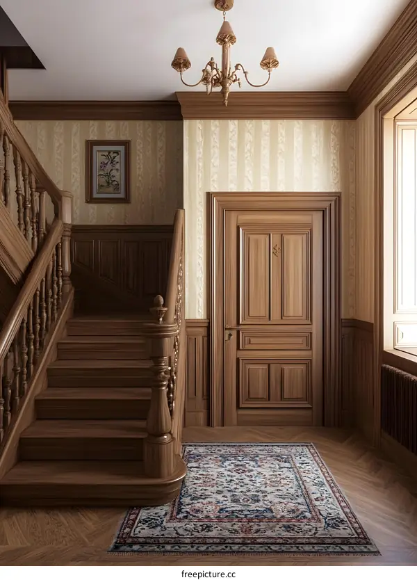 Wooden Staircase And Door In A Classic Interior