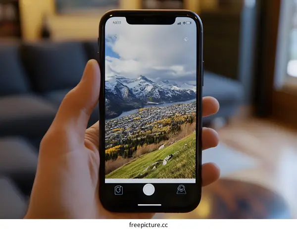 Person Holding a Smartphone with a Photo of a Snowy Mountain Landscape