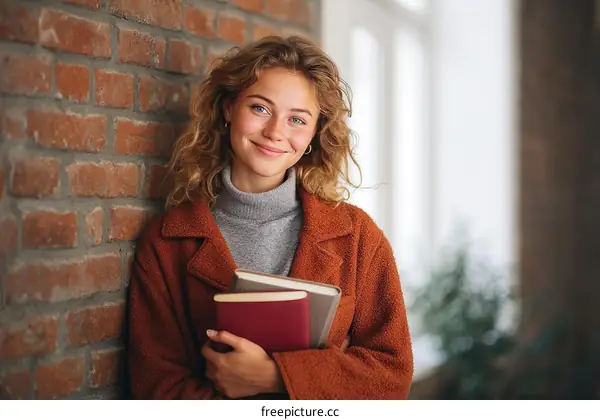Young Woman with Books Leaning Against a Brick Wall