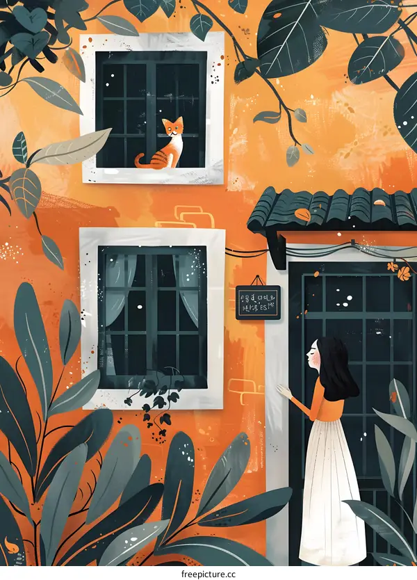 Girl and Cat in Cozy Home Illustration