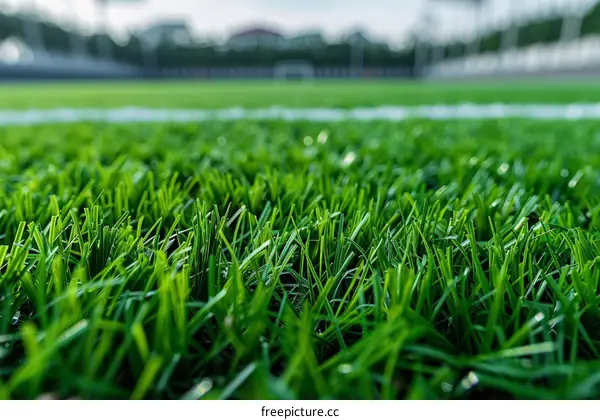 Close-up of artificial green grass texture of football field with white line marking