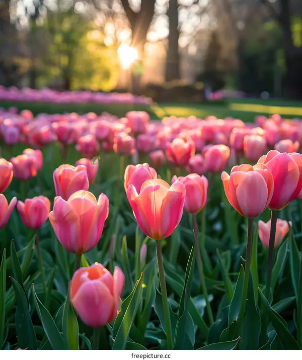 Field of pink tulips with blurred background