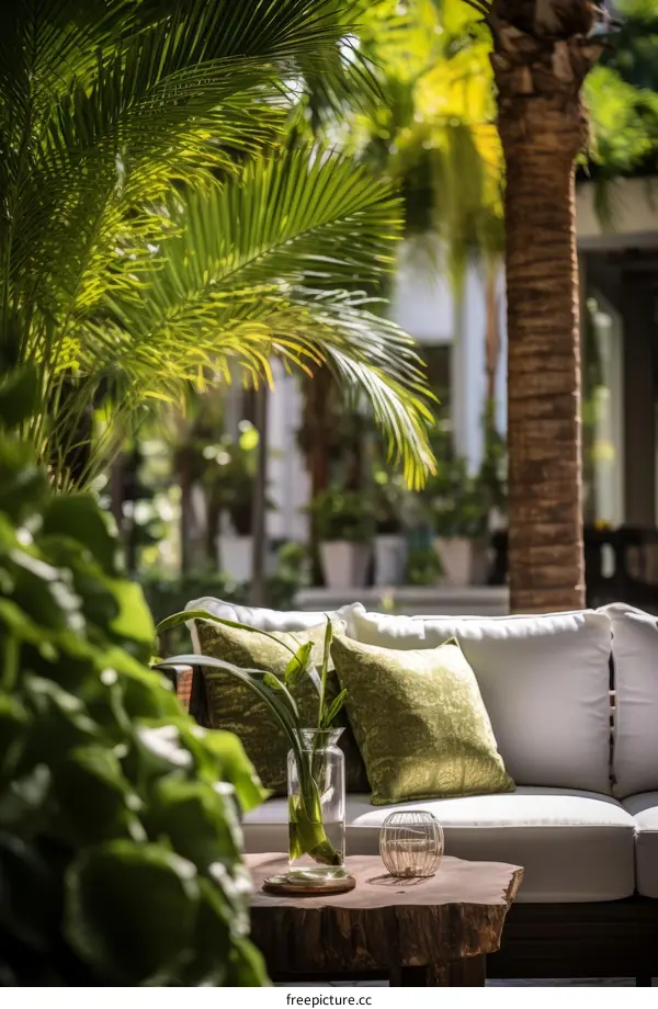 Modern comfortable sofa in the middle of green nature