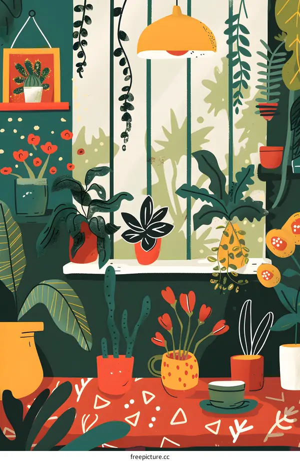 Green House Plants Indoor Still Life Illustration