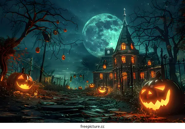 Halloween pumpkins and haunted house