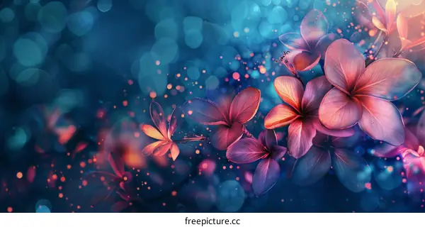 Vibrant Pink Frangipani Flowers with Sparkles on Blue