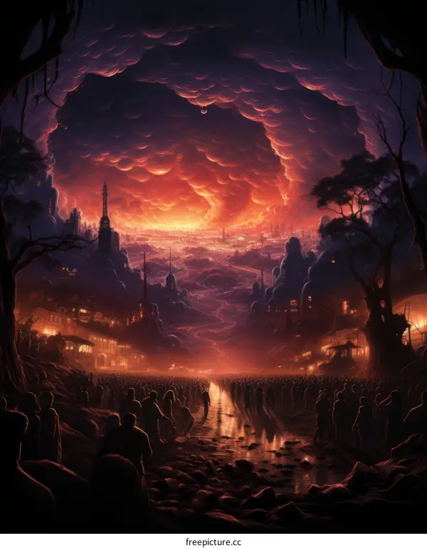 A crowd of people walking through a ruined city towards a bright light