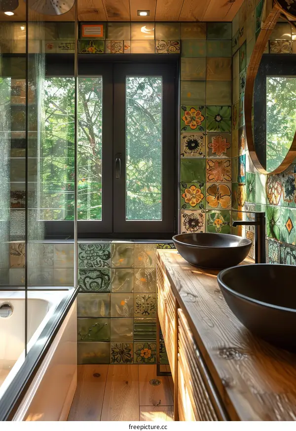 Rustic Bathroom with Colorful Mosaic Tiles