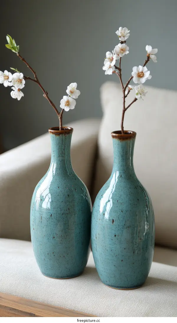 Elegant Teal Ceramic Vases with Spring Flowers