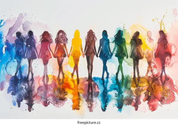 watercolor painting of diverse women holding hands