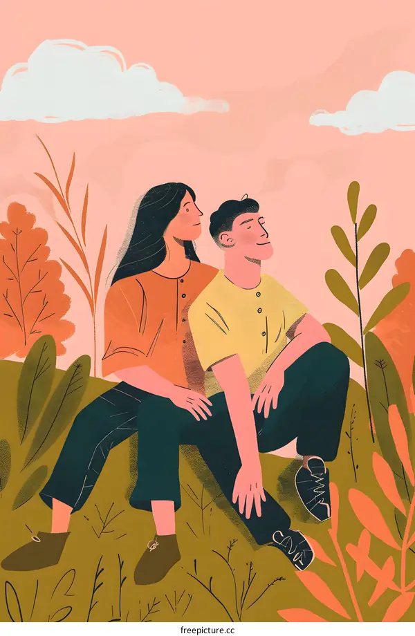 Couple Sitting in the Grass and Looking at the Clouds