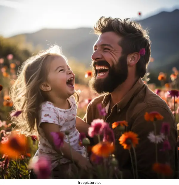 Father and daughter laughing in a field of flowers
