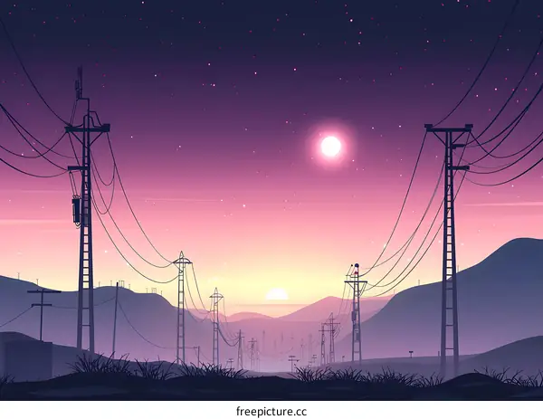 Silhouettes of Power Lines Against a Pink Sunset Sky