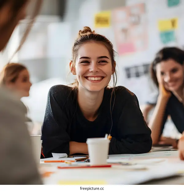 Smiling Woman in a Casual Setting at a Table