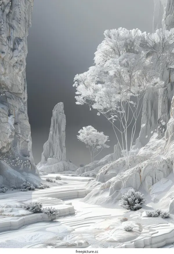 White Desert Landscape with Rock Formations and Withered Trees