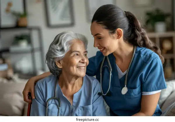 A young nurse smiling at a senior woman