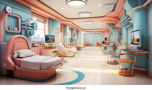 The interior design of a modern hospital ward