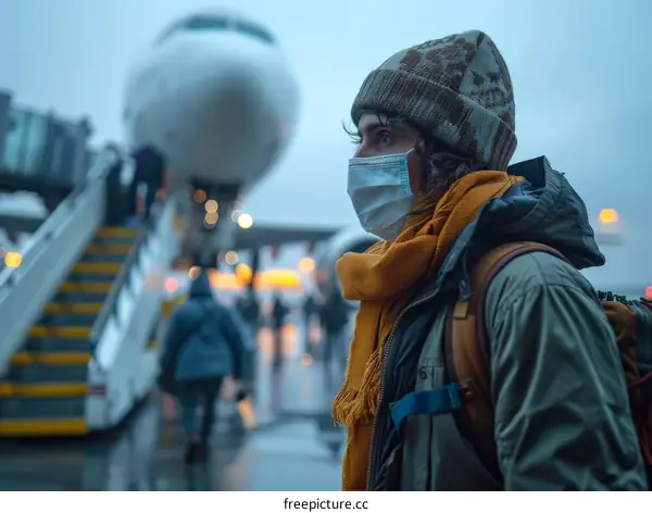 A young man wearing a mask is standing in an airport
